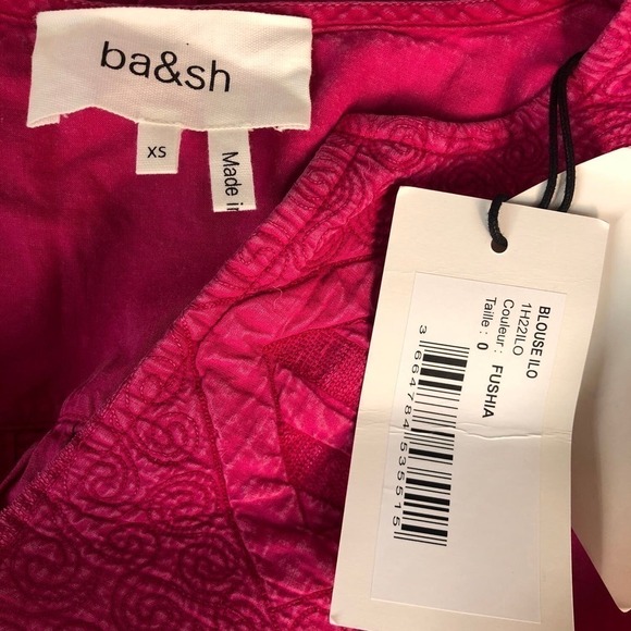 ba&sh Ilo Top 3/4 Sleeve Split Neck Embroidered Bib Fuchsia Pink NWT Size XS - Picture 8 of 13